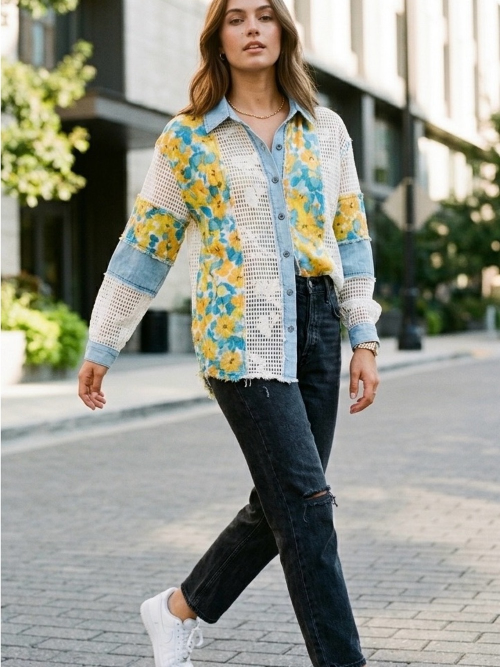 POL Oversized Mixed Media Floral Button-Up - Small